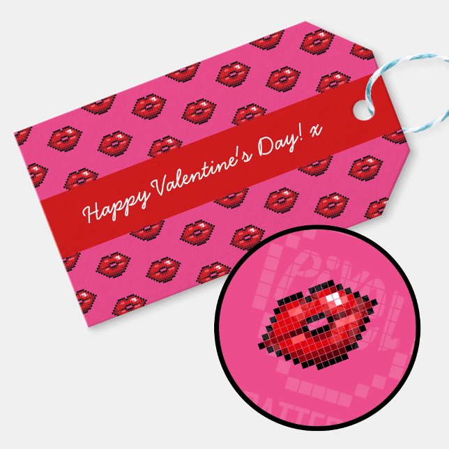 Étiquettes-cadeau Heureuse Sainte-Valentin Red Lips Pixel Art Motif (Gift tag with detail (watermarked))