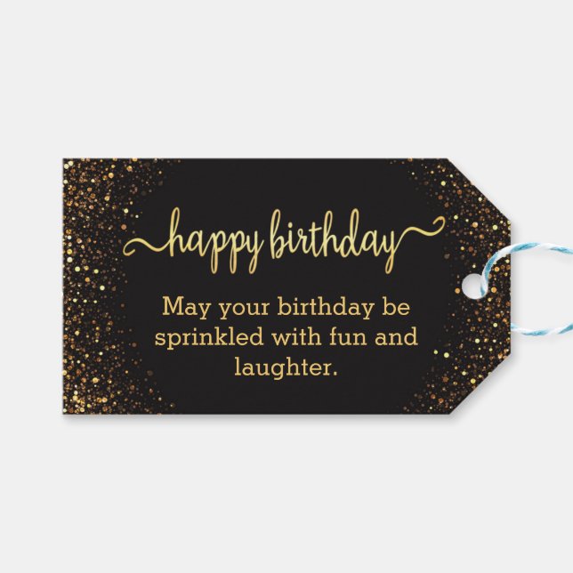 Étiquettes-cadeau heureux anniversaire or noir parties scintillant m (Devant (Horizontal))
