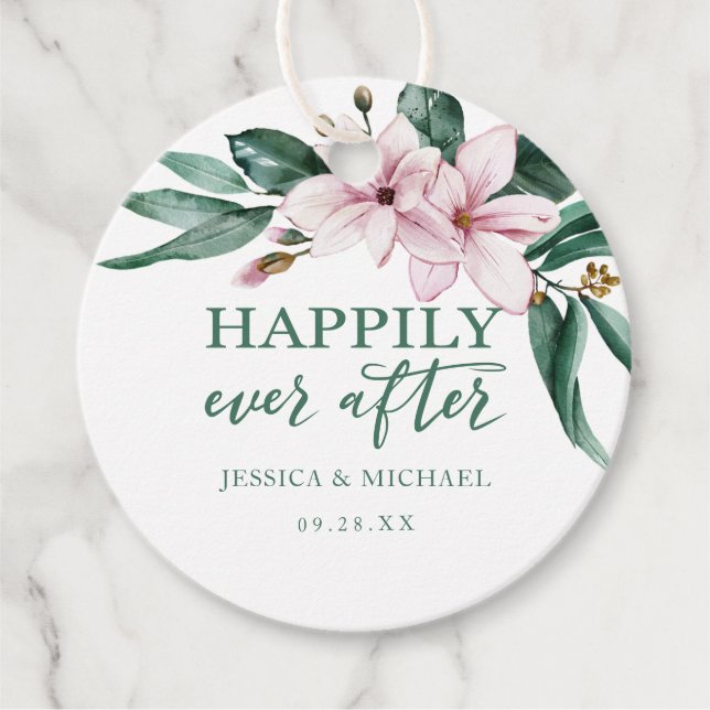 Étiquettes Cadeau Heureux Jamais après Floral rose Aquarelle Magnoli (Devant)