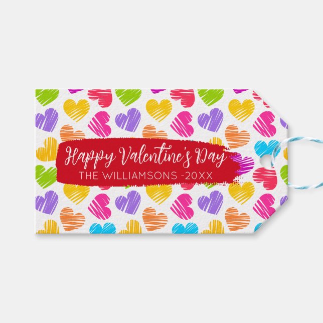 Étiquettes-cadeau Heureux Valentines Fille Vibrant Doodled Hearts No (Devant (Horizontal))