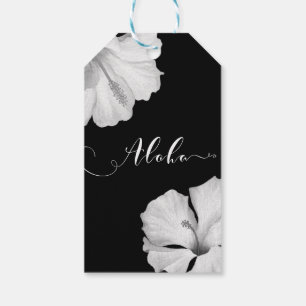 Étiquettes-cadeau Hibiscus blanc Faveur de mariage tropical noir Alo