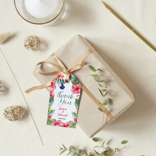 Étiquettes-cadeau Hibiscus floral tropical Merci d'aquarelle (Créateur téléchargé)