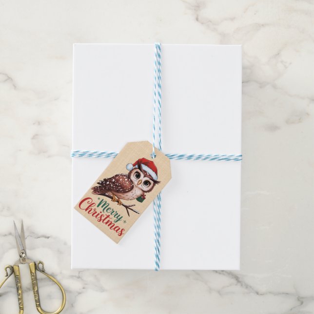 Étiquettes-cadeau Hibou de Noël - Design Festif Merry Christmas (Avec de laficelle)