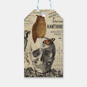Étiquettes-cadeau Hibou et crâne vintages modernes de Halloween
