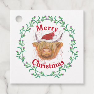 Étiquettes Cadeau Highland Cow Casquette Thistler Wreath Joyeux Noël