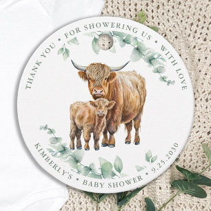 Étiquettes Cadeau Highland Cow Green Baby shower d'animaux de ferme