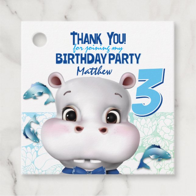 Étiquettes Cadeau Hippo Blue Fish Boy Merci (Devant)