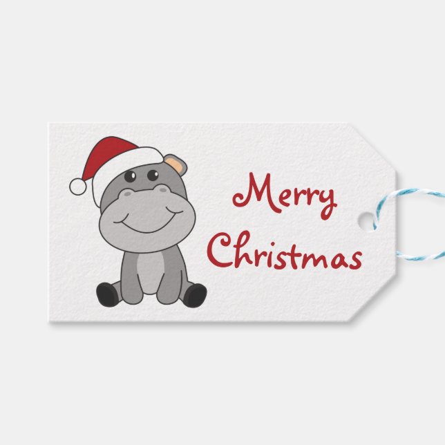 Étiquettes-cadeau Hippo Joyeux Noël Animaux d'hiver Hippopotames Tru (Devant (Horizontal))