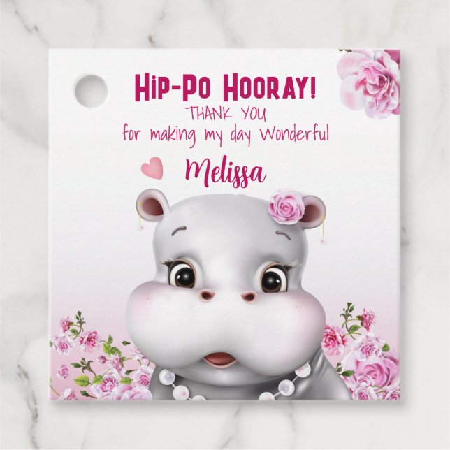 Étiquettes Cadeau Hippo rose florale fille anniversaire (Devant)