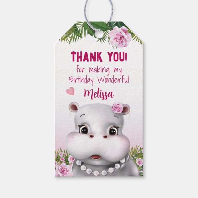 Étiquettes-cadeau Hippo rose Merci d'anniversaire (Devant)
