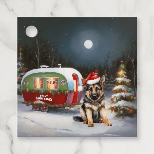 Étiquettes Cadeau Hiver Allemand Berger Caravane Noël Aventure (Devant)