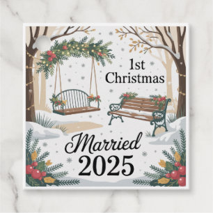 Étiquettes Cadeau Hiver Fantaisiste de notre Premier Noël de Mariés