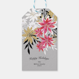 Étiquettes-cadeau hiver floral fausse feuille heureux vacances monog