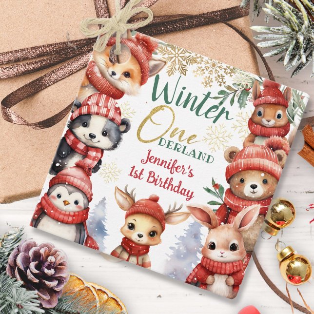 Étiquettes Cadeau Hiver ONE derland Animaux Noël 1er anniversaire (Créateur téléchargé)