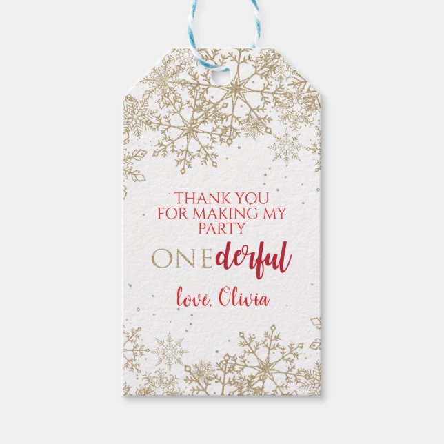 Étiquettes-cadeau Hiver ONEderland Gold Snowflake 1er anniversaire (Devant)
