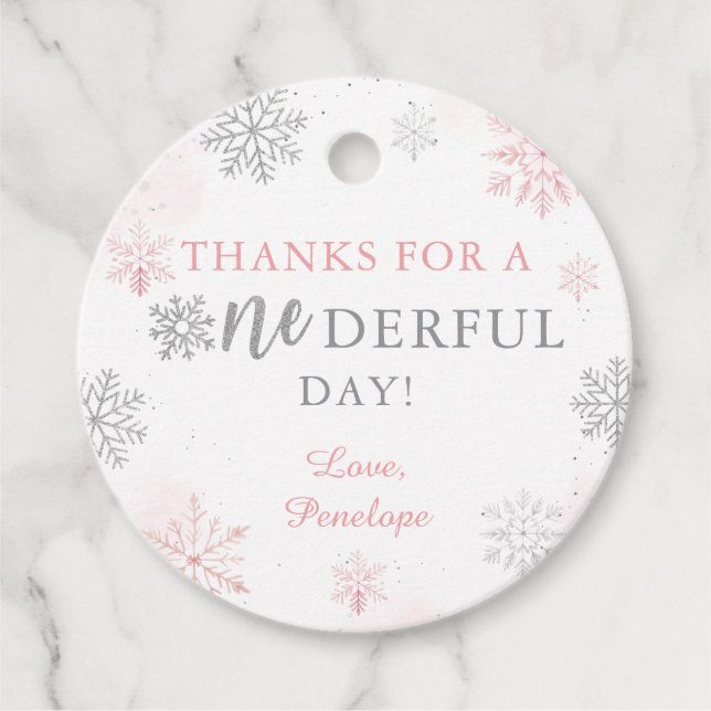 Étiquettes Cadeau Hiver Onederland Pink Silver Parties scintillant 1 (Devant)