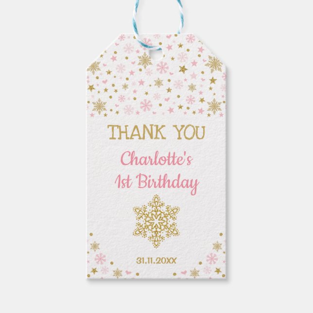 Étiquettes-cadeau Hiver ONEderland Snowflakes Pink Gold Anniversaire (Devant)