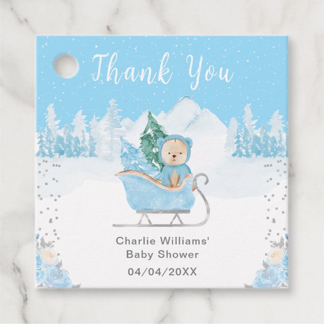 Étiquettes Cadeau Hiver Ours Bleu Baby shower coudre Merci (Devant)