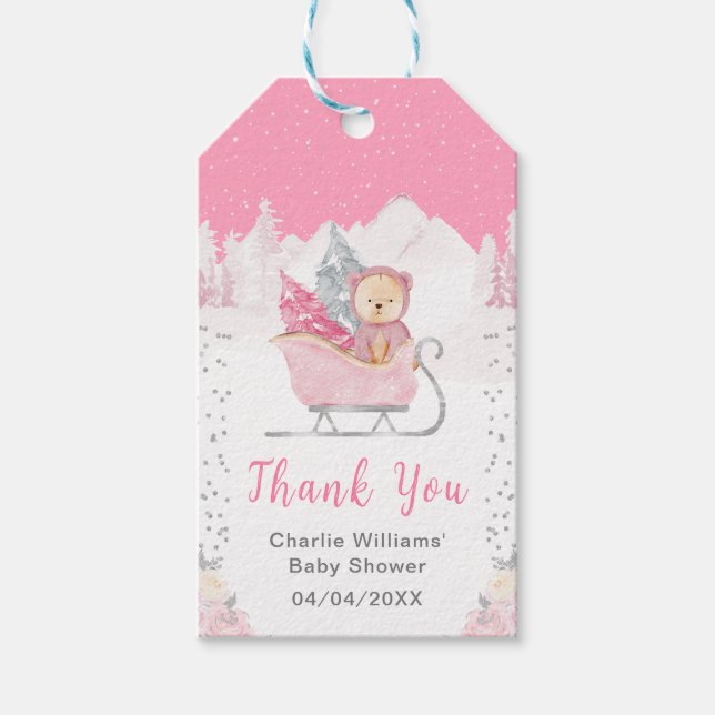Étiquettes-cadeau Hiver Ours rose Baby shower de traîneau Merci (Devant)