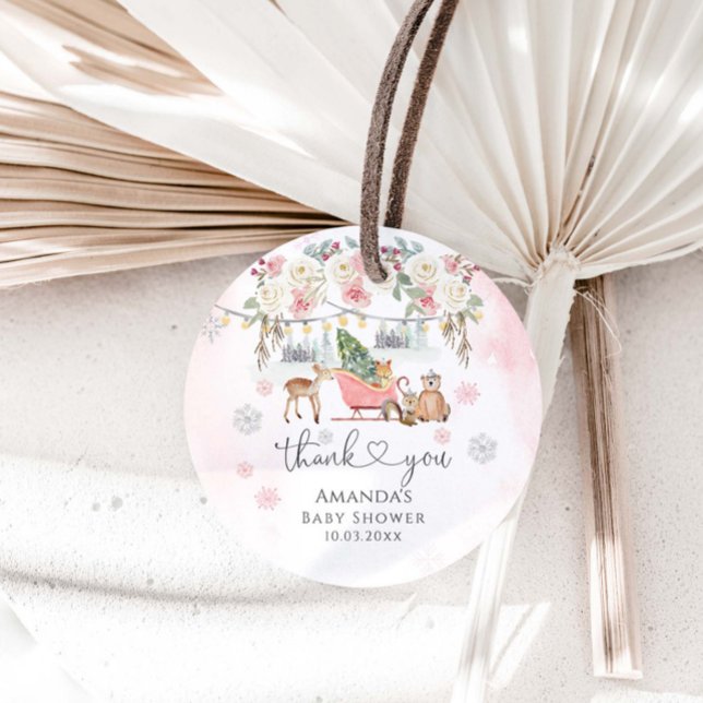 Étiquettes Cadeau Hiver Pink Woodland Animaux Fille Baby shower (Créateur téléchargé)