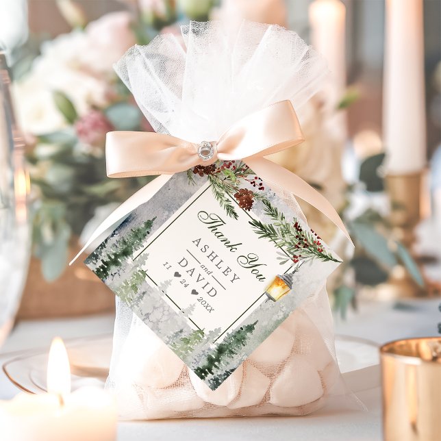 Étiquettes Cadeau Hiver Pins Rustiques Lanterne Merci Mariage (Créateur téléchargé)