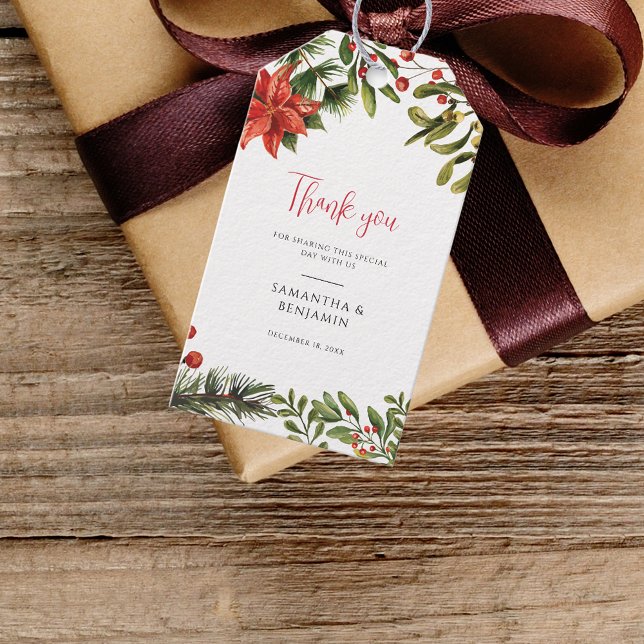 Étiquettes-cadeau Hiver Poinsettia Verdure Mariage floral (Christmas Business Logo Company Greenery Thank You Gift Tag)