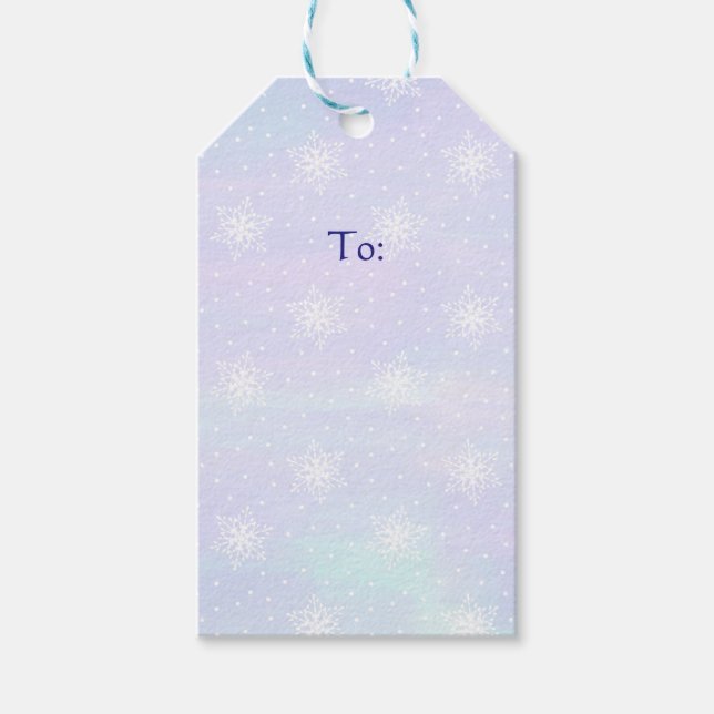 Étiquettes-cadeau Hiver Purple Ciel bleu Blanc Snowflakes Pois (Devant)