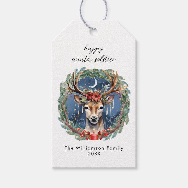 Étiquettes-cadeau Hiver Solstice vacances Deer Wreath Yule Noël (Devant)