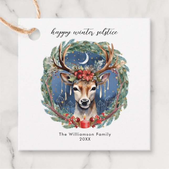 Étiquettes Cadeau Hiver Solstice vacances Deer Wreath Yule Noël (Devant)