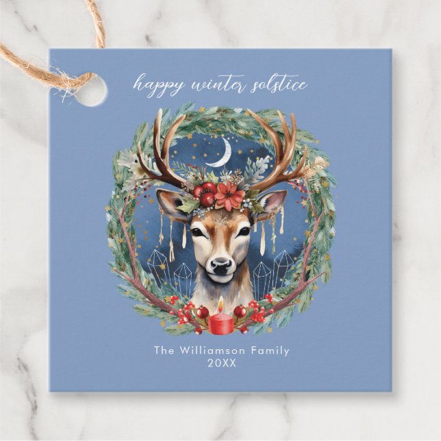 Étiquettes Cadeau Hiver Solstice vacances Deer Wreath Yule Noël (Devant)