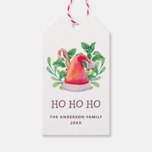 Étiquettes-cadeau Ho Ho Ho. Aquarelle fleurie Noël Père Noël