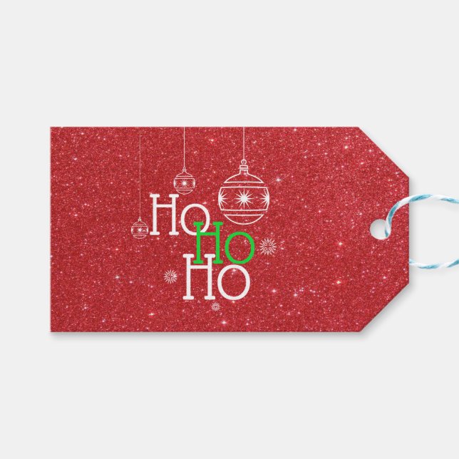 Étiquettes-cadeau Ho Ho Ho Sur Effet Parties scintillant Rouge (Devant (Horizontal))