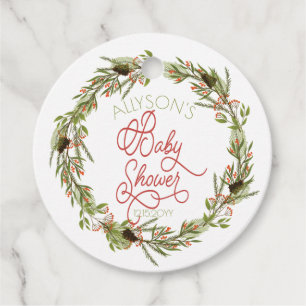 Étiquettes Cadeau Holly Berries Pine Wreath Baby shower de vacances