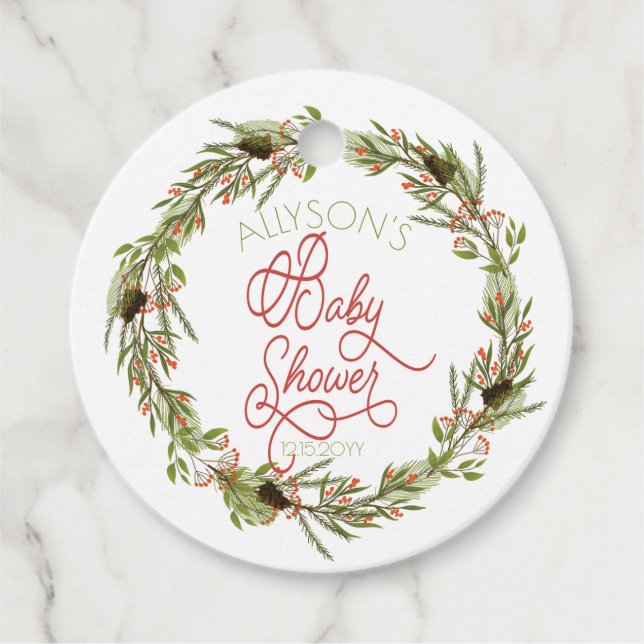 Étiquettes Cadeau Holly Berries Pine Wreath Baby shower de vacances  (Devant)