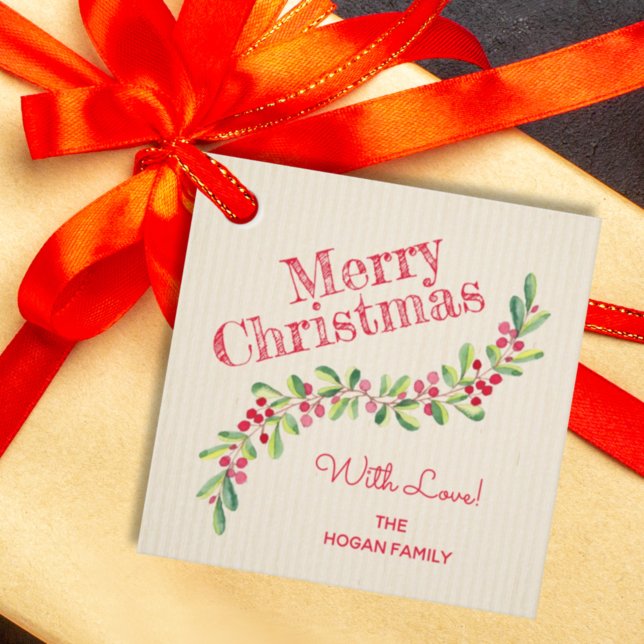 Étiquettes Cadeau Holly Berries sur Ivory Christmas Carré (Créateur téléchargé)