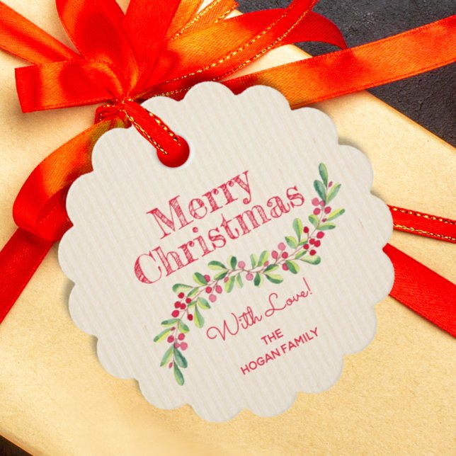 Étiquettes Cadeau Holly Berries sur Ivory Christmas Holiday Scallope (Créateur téléchargé)