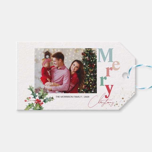 Étiquettes-cadeau Holly Branches one family photo Christmas  (Devant (Horizontal))