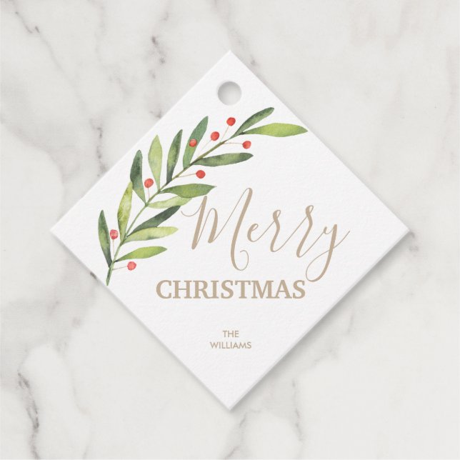 Étiquettes Cadeau Holly et Berries Joyeux Carré de Noël (Devant)