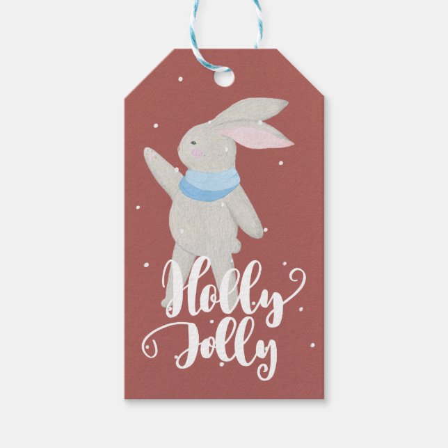 Étiquettes-cadeau Holly Jolly Little Cute Bunny Dark Red et Blue (Devant)
