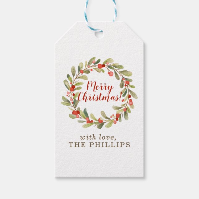 Étiquettes-cadeau Holly Wreath Kraft Joyeux Noël (Devant)