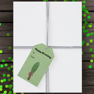 Étiquettes-cadeau Homme à tête de cornichon vert mignon avec costume