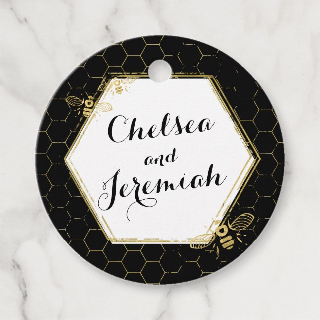 Étiquettes Cadeau Honey Bee Black Gold Nom personnalisé Mariage (Devant)