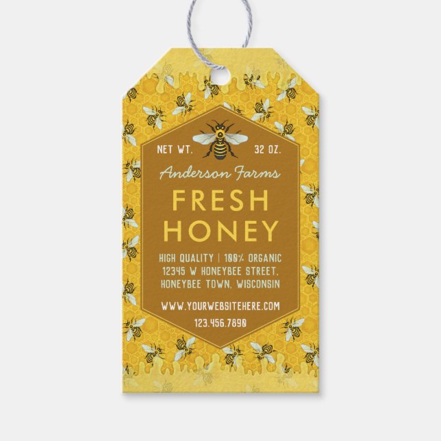 Étiquettes-cadeau Honey Jar Apiary Jar Tags | Peigne et abeilles (Devant)