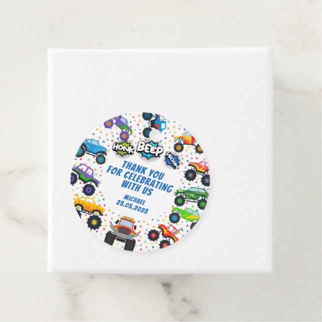 Étiquettes Cadeau Honk beep vroom monstre camions garçon merci (En situation)