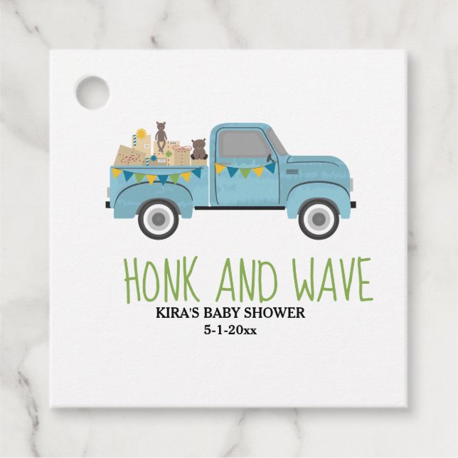 Étiquettes Cadeau Honk & Wave Drive Thru Baby shower Blue Truck (Devant)