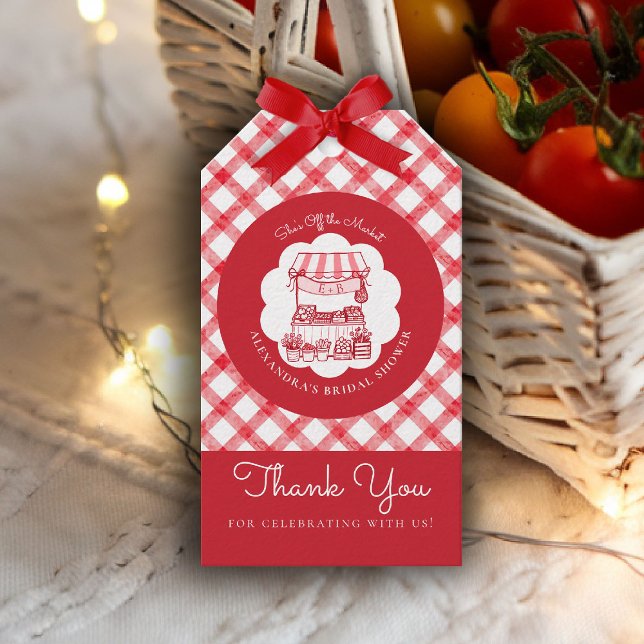 Étiquettes-cadeau Hors du Marché des Fermiers Rouge Moderne Lancemen (shes off the market bridal shower gift tag red farmer stand hand drawn rustic chic outdoors picnic)