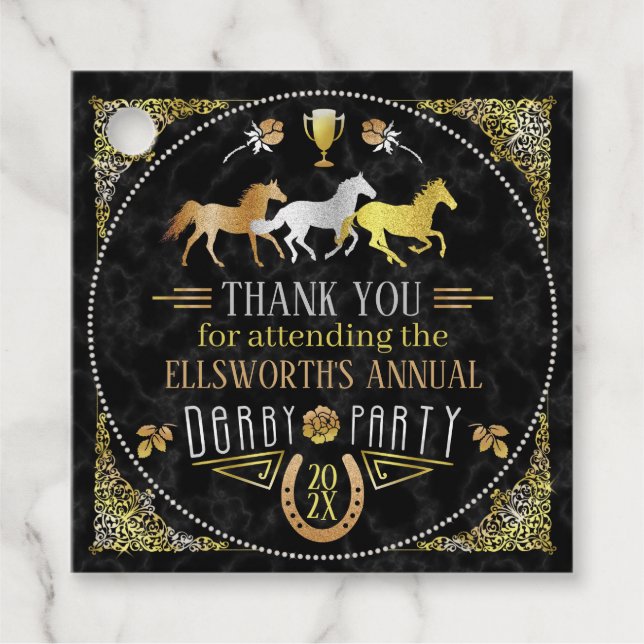 Étiquettes Cadeau Horse Racing Derby Day Party Black Gold Merci (Devant)