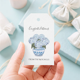 Étiquettes-cadeau Hortensias bleus dans un pot de chinoiserie 