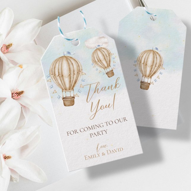 Étiquettes-cadeau Hot Air brun Ballons drapeaux bleus nuages merci (Créateur téléchargé)