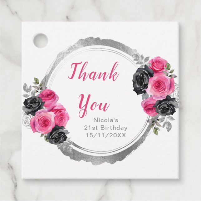 Étiquettes Cadeau Hot Pink and Silver Elegant Flowers Birthday Party (Devant)